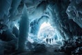 cavern, with towering ice pillars and frozen ground, surrounded by blizzard