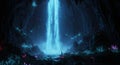 Cavernous setting featuring a mesmerizing waterfall emitting a radiant blue glow. Royalty Free Stock Photo