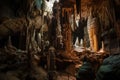 caves with massive stalactite and stalagmite formations, towering over explorers