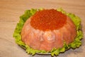 Caviar with red fish - seed or trout on green lettuce salad as side dish. healthy food and culinary. cuisisne. dieting and eating. Royalty Free Stock Photo