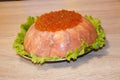Caviar with red fish - seed or trout on green lettuce salad as side dish. healthy food and culinary. cuisisne. dieting and eating. Royalty Free Stock Photo