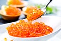 Caviar. Salmon caviar in a bowl. Closeup trout caviar. Gourmet food