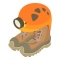 Caving equipment icon isometric vector. Caving helmet with lantern trekking shoe