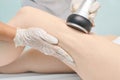 Cavitation rf body treatment. Female ultra sound lipo machine. Spa contouring. Doctor hands Royalty Free Stock Photo