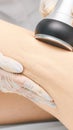 Cavitation rf body treatment. Female ultra sound lipo machine. Spa contouring. Doctor hands Royalty Free Stock Photo