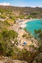 Cavoli, Elba Island, Province of Livorno Italy - September 17 2021 View over sandy colorful beach of little village Cavoli at end