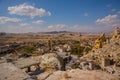 CAVUSIN, TURKEY: Holey or Cheesy rock. The ancient castle of Cavusin near Goreme in Cappadocia, Turkey