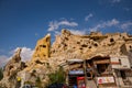 CAVUSIN, TURKEY: Holey or Cheesy rock. The ancient castle of Cavusin near Goreme in Cappadocia, Turkey