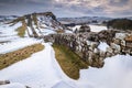 Cawfields Quarry and Hadrian`s Wall in winter