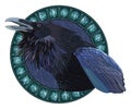 Cawing black crows, in a circle of shining Scandinavian runes, carved into stone Royalty Free Stock Photo