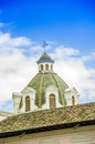 CAYAMBE, ECUADOR - SEPTEMBER 05, 2017: Beautiful view of ancient construction dome in a gorgeous blue sky in Cayambe