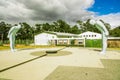 CAYAMBE, ECUADOR - SEPTEMBER 05, 2017: Equator Line Monument, two stoned men statue marks the point through which the