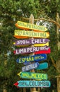 CAYAMBE, ECUADOR - SEPTEMBER 05, 2017: Informative sign of distance from Cayambe, of different countries written over a