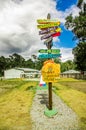 CAYAMBE, ECUADOR - SEPTEMBER 05, 2017: Informative sign of distance from Cayambe, of different countries written over a Royalty Free Stock Photo