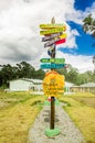 CAYAMBE, ECUADOR - SEPTEMBER 05, 2017: Informative sign of distance from Cayambe, of different countries written over a Royalty Free Stock Photo