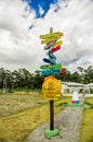 CAYAMBE, ECUADOR - SEPTEMBER 05, 2017: Informative sign of distance from Cayambe, of different countries written over a Royalty Free Stock Photo