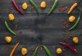 Cayenne chilli peppers, yellow habanero peppers, pepperoncini peppers and color pepper Royalty Free Stock Photo