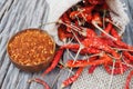 Cayenne pepper and dried red chili with sack on wooden table background Royalty Free Stock Photo