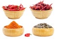 Cayenne pepper and fresh red chili with sunflower seeds in a wooden bowl chili spicy seasoning Isolated on a white background - Royalty Free Stock Photo
