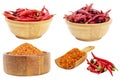 Cayenne pepper with red chilies, paprika powder in a wooden bowl, and spicy condiments Isolated on a white background - clipping Royalty Free Stock Photo