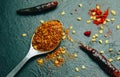 Cayenne pepper on the vintage wooden background , Spicy Seasoning Powder, selective focus Royalty Free Stock Photo