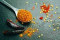 Cayenne pepper on the vintage wooden background , Spicy Seasoning Powder, selective focus Royalty Free Stock Photo