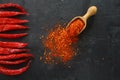 cayenne pepper on wooden spoon spices and dried chilli peppers background Royalty Free Stock Photo