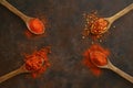 cayenne pepper on wooden spoon spices and dried chilli peppers background . Royalty Free Stock Photo