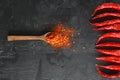 cayenne pepper on wooden spoon spices and dried chilli peppers background Royalty Free Stock Photo