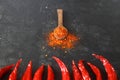 cayenne pepper on wooden spoon spices and dried chilli peppers background Royalty Free Stock Photo