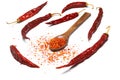 cayenne pepper on wooden spoon spices and dried chilli peppers background . Royalty Free Stock Photo