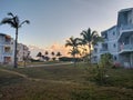 Cayo Coco, Cuba, May 16, 2021: beautiful hotel with a green area at sunrise