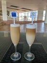 Cayo Coco, Cuba, May 16, 2021: Coffee cocktail with rum in glasses on the table in the hotel lobby. Close-up, vertical