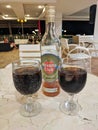 Cayo Coco, Cuba, May 16, 2021: two cocktails and a bottle of Havana Club cuban rum stand on a white table in the hotel lobby