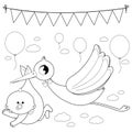 Stork delivering a new baby. Vector black and white coloring page Royalty Free Stock Photo