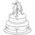 Birthday cake with ballet shoes. Vector black and white coloring page