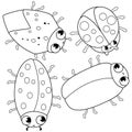 Cartoon bugs and scarabs collection. Cute garden beetles, ladybugs and insects. Vector black and white coloring page Royalty Free Stock Photo