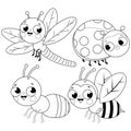 Cute insects collection. Cute garden beetle, ladybugs, dragonfly and bee. Vector black and white coloring page Royalty Free Stock Photo