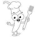 Cartoon chili pepper chef holding a cooking fork. Vector black and white coloring page.