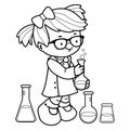 Student girl in chemistry class. Child doing science experiments. Vector black and white coloring page.