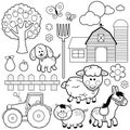 Farm animals illustration collection. Vector black and white coloring page. Royalty Free Stock Photo