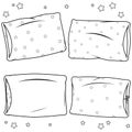 Pillows collection. Set of comfortable pillows for sleep. Vector black and white coloring page.