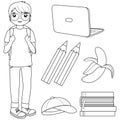 Student boy and set of school objects. Vector black and white coloring page Royalty Free Stock Photo