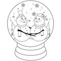 Cute snowmen inside a snow globe. Vector black and white coloring page Royalty Free Stock Photo