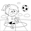 Little girl playing soccer. Vector black and white coloring page Royalty Free Stock Photo