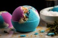 cbd-infused bath bomb bursting with fizz and color