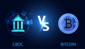 CBDC Central Bank Digital Currency concept, digital currency issued by the central bank of the country vs Bitcoin on a blue