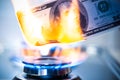 CBurning bill of hundred American US dollars on a gas burner flame Royalty Free Stock Photo