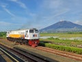 CC206 Locomotive at a Station on the Edge of Rice Fields with a Mountain in the Background Royalty Free Stock Photo