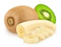 Ccomposition with cutted banana and kiwi isolated on a white background. Royalty Free Stock Photo